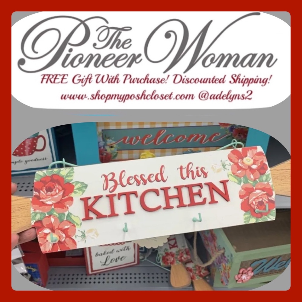 Rare HTF 🌺 New Pioneer Woman Blessed this KITCHEN Rolling Pin Sign w/ Hooks